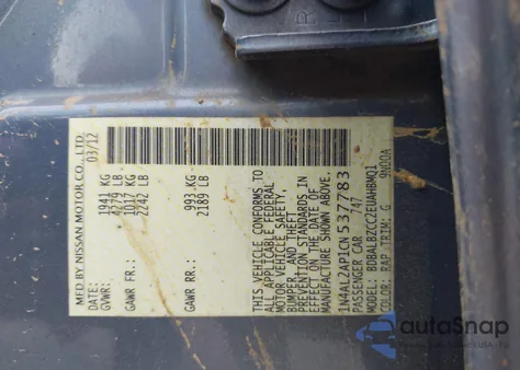 2012 Nissan Altima 2.5 S z USA, uszkodzony, nr VIN 1N4AL2AP1CN537783